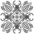 Vector monochrome doodle mandala illustration. Beetles, insects, beetle with horns.